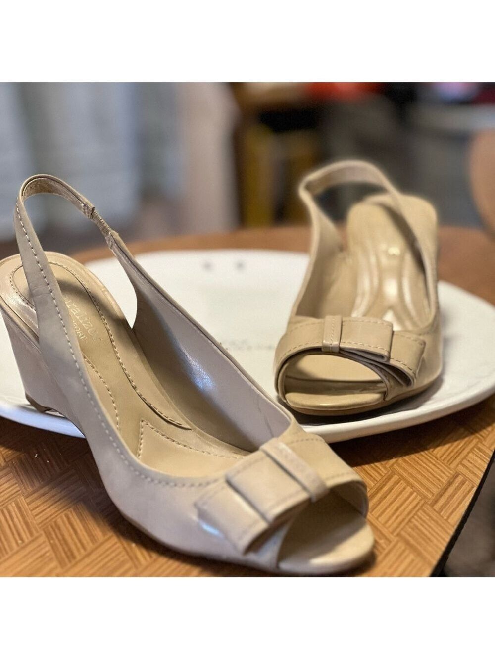 Naturalizer Beige Slingback Wedges with Bow (Suede) - Picture 2 of 8